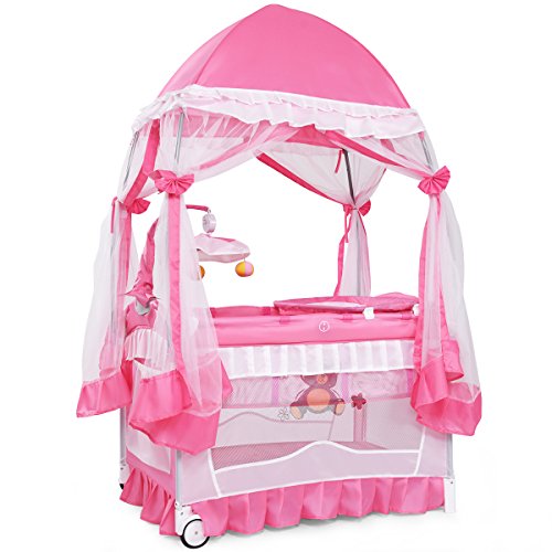 BABY JOY 4 in 1 Pack and Play with Canopy, Portable Baby Playard with Bassinet, Double-Layer Baby Crib, Wheels & Brake, Foldable Baby Girl Pink Princess Bassinet from Newborn to Toddler