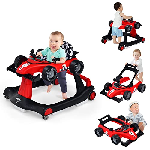 BABY JOY 4-in-1 Baby Walker, Foldable Activity Walker with Adjustable Height & Speed, Music, Lights, Anti-Rollover, Toddler Push Walker, Baby Walker with Wheels for Boys Girls 6-18 Months (Red)