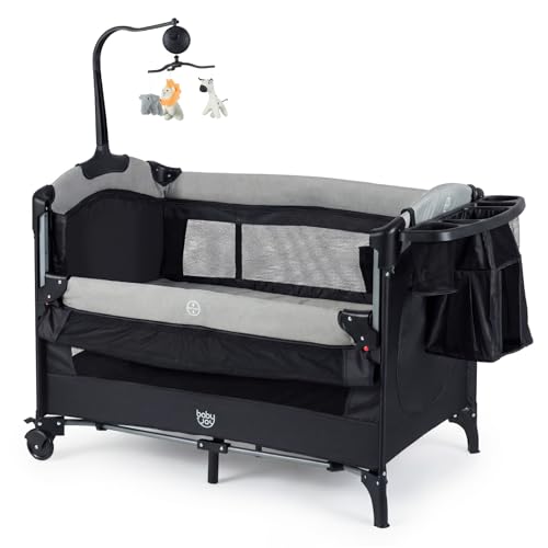 BABY JOY 5-in-1 Pack and Play, Baby Bedside Sleeper with Bassinet, Portable Baby Playard with U-Shaped Diaper Changer, Safety Strap, Multifunction Baby Bassinet Bedside Crib from Newborn to Toddlers