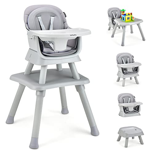 BABY JOY Baby High Chair, 8 in 1 Convertible Highchair for Babies & Toddlers Booster Seat Table and Chair Set Building Block Table Toddler Chair with Safety Harness, Removable Tray (Gray)