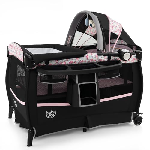 BABY JOY 4 in 1 Pack and Play, Portable Baby Playard with Bassinet & Flip-Away Changing Table, Canopy, Portable Bedside Crib w/Storage Basket, Infant Bassinet from Newborn to Toddlers (Pink Flower)